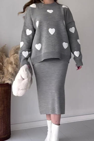 Sonicelife-Heart Graphic Sweater Midi Skirt Knit Suits