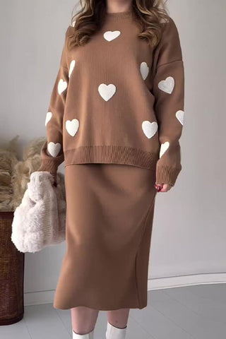 Sonicelife-Heart Graphic Sweater Midi Skirt Knit Suits