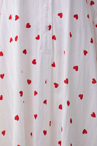 Sonicelife Heart Print Puff Sleeve Single-breasted Cotton Dress