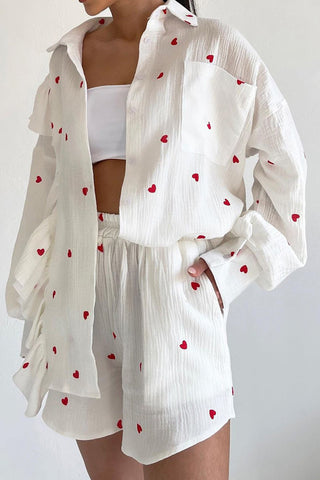 Sonicelife-Heart Print Ruffle Long Sleeve Shirt Two Piece Shorts Set