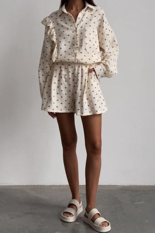 Sonicelife-Heart Print Ruffle Long Sleeve Shirt Two Piece Shorts Set