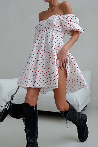 Sonicelife hoco dresses Heart Printed Off-Shoulder Puff Sleeve Mini Dress