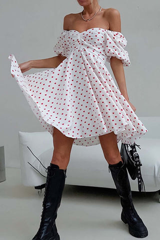 Sonicelife hoco dresses Heart Printed Off-Shoulder Puff Sleeve Mini Dress