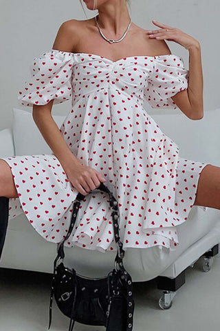 Sonicelife hoco dresses Heart Printed Off-Shoulder Puff Sleeve Mini Dress