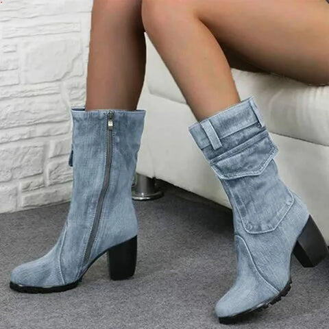 Sonicelife Autumn Winter Women Boots Denim Women Pointed Toe Cowboy Style High Heels Shoes Knee High Boots 2020