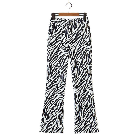 Sonicelife-Vintage Zebra Animal Print Pants Long Trousers 2024 Fashion Women Clothing Slim Fitting Flared Leg High Waist Streetwear Pants