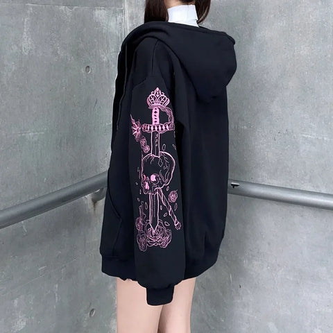 Sonicelife 2024 Fall Fashion Black Sweatshirt Zip-up Long Sleeve Oversize Hoodies Autumn Winter Coat Women Gothic Print Jackets Female Grunge Clothes