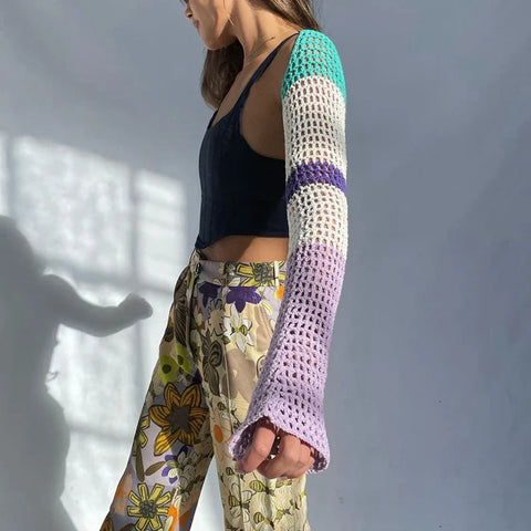 Sonicelife Sexy Crop Top Y2K Patchwork Crocheted Shawl Long Sleeves Mini Cover-ups Knitted Hollow Out T-shirt Women Fashion Streetwear