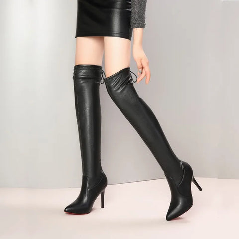 Sonicelife Women Boots Shoes High Heels Red Bottom Over the knee Boots Leather Fashion Beauty Ladies Long Boots Size fr5