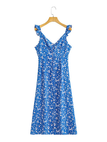 Sonicelife hoco dresses-Summer Women Beach Vacation Floral Maxi Dress With Slit Front Button Up V Neck Sleeveless Ruffle Strap Sexy Backless Long Dress