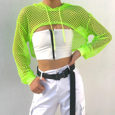 Sonicelife Neon Color Long Sleeve Short Mesh Hoodies Sexy Fishnet Cover Up Crop Tops Women Fashion Hollow Out Smocks for Lady Sporty Beach