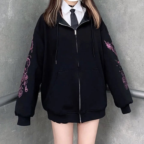 Sonicelife 2024 Fall Fashion Black Sweatshirt Zip-up Long Sleeve Oversize Hoodies Autumn Winter Coat Women Gothic Print Jackets Female Grunge Clothes