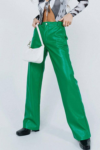 Sonicelife-High Waist Wide Leg Leather Pants