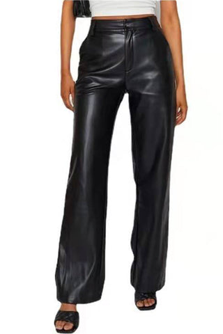 Sonicelife-High Waist Wide Leg Leather Pants