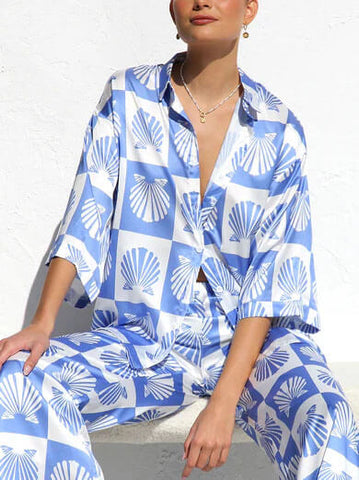 Sonicelife-Special Satin Shell Print Button-Down Shirt