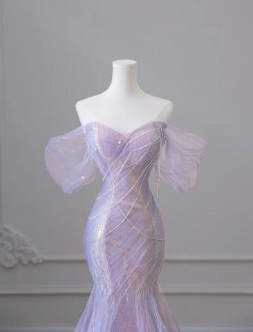 Sonicelife Iridescent Lilac Pearl Off-Shoulder Mermaid Dress