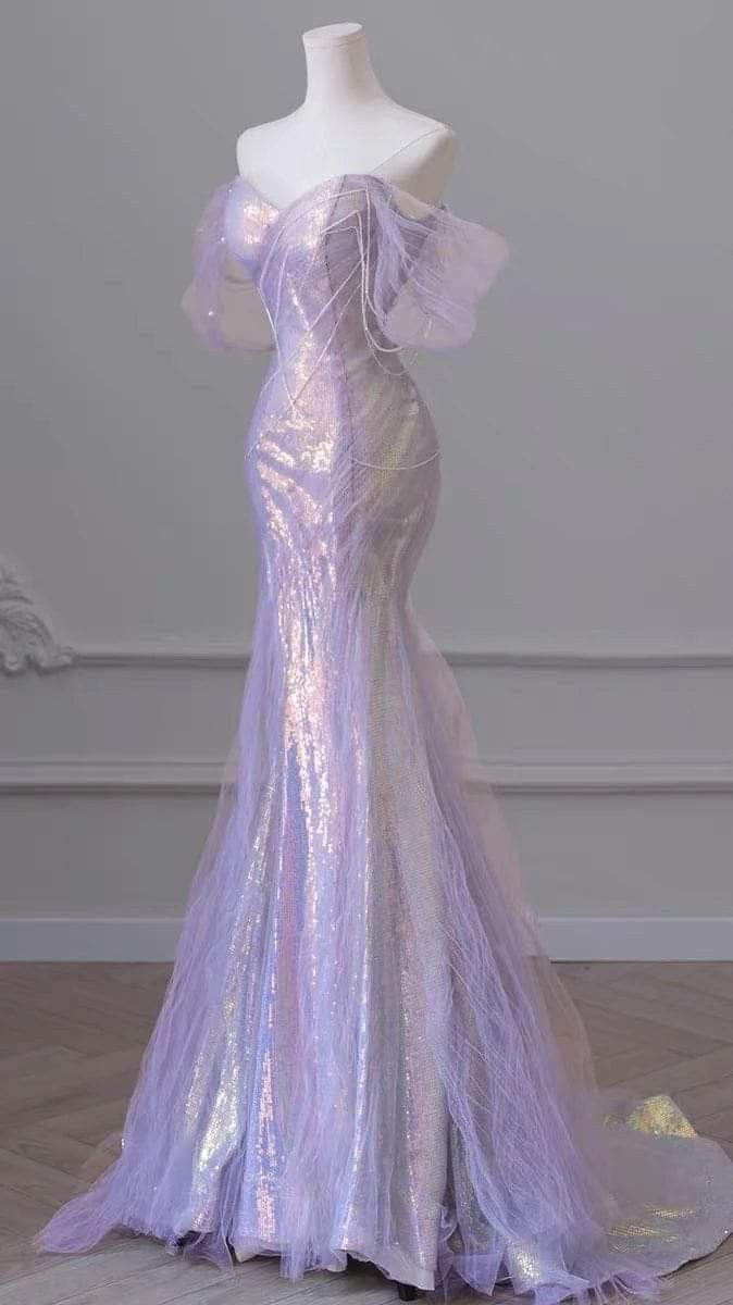 Sonicelife Iridescent Lilac Pearl Off-Shoulder Mermaid Dress