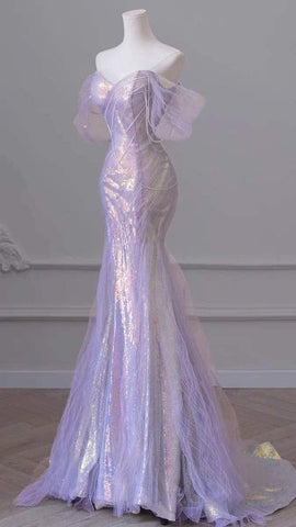 Sonicelife Iridescent Lilac Pearl Off-Shoulder Mermaid Dress