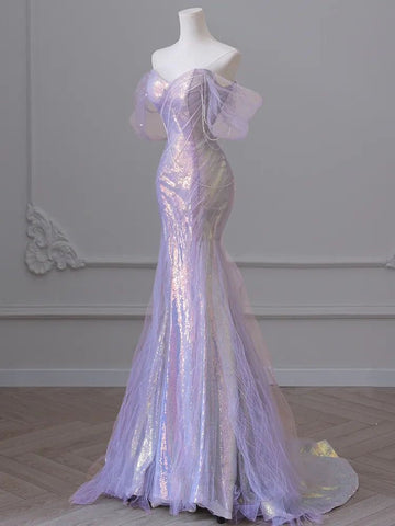 Sonicelife Iridescent Lilac Pearl Off-Shoulder Mermaid Dress