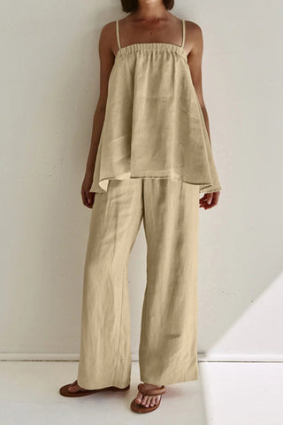 Sonicelife-Khaki Cotton Cami Top Long Pants Suits