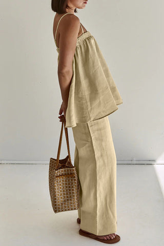 Sonicelife-Khaki Cotton Cami Top Long Pants Suits