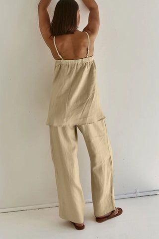 Sonicelife-Khaki Cotton Cami Top Long Pants Suits