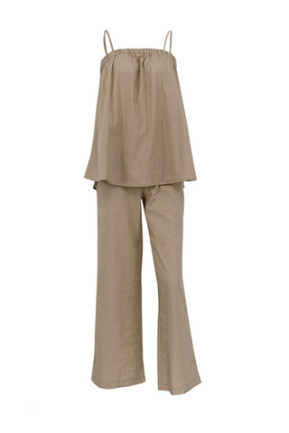 Sonicelife-Khaki Cotton Cami Top Long Pants Suits