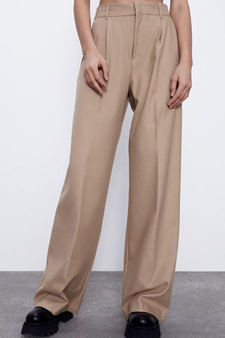 Sonicelife-Khaki Loose Straight Suit Long Pants