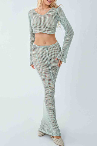 Sonicelife-Knitted Cutout Cover Up Off Shoulder Skirt Set