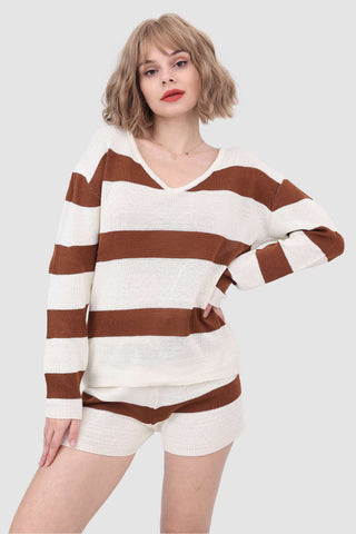 Sonicelife-Knitted Stripe Casual Two Piece Set