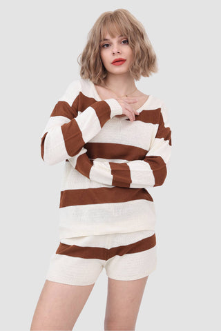 Sonicelife-Knitted Stripe Casual Two Piece Set