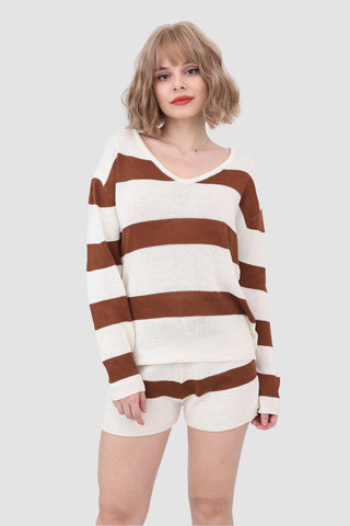 Sonicelife-Knitted Stripe Casual Two Piece Set