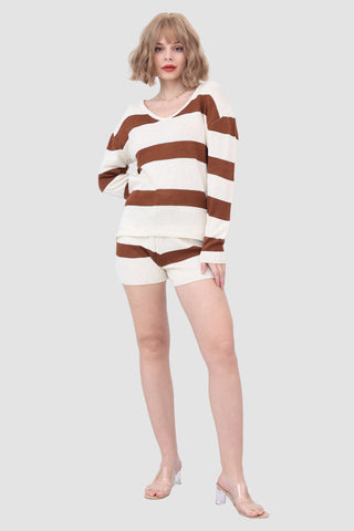 Sonicelife-Knitted Stripe Casual Two Piece Set