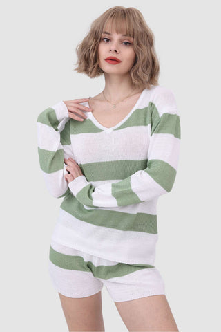 Sonicelife-Knitted Stripe Casual Two Piece Set