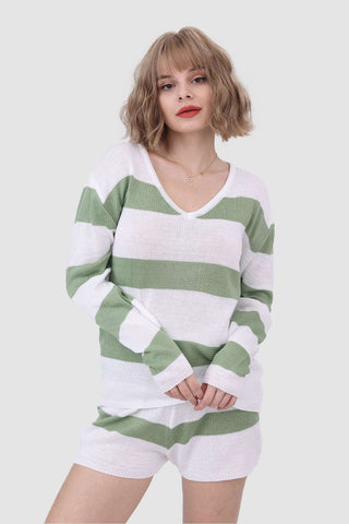 Sonicelife-Knitted Stripe Casual Two Piece Set