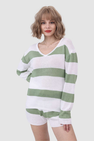 Sonicelife-Knitted Stripe Casual Two Piece Set