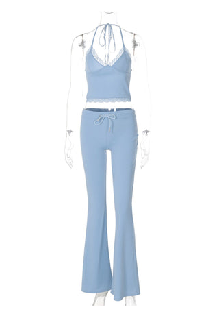 Sonicelife Lace Halterneck Vest Flares Long Pants Suits