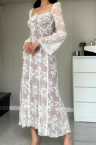 Sonicelife Lace Tie-up Flares Sleeve Midi Dress