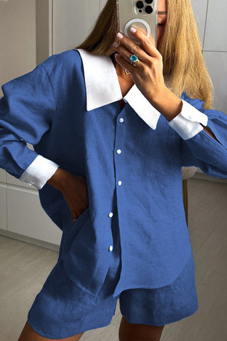 Sonicelife-Lapel Contrast Long Sleeve Shirt Shorts Set