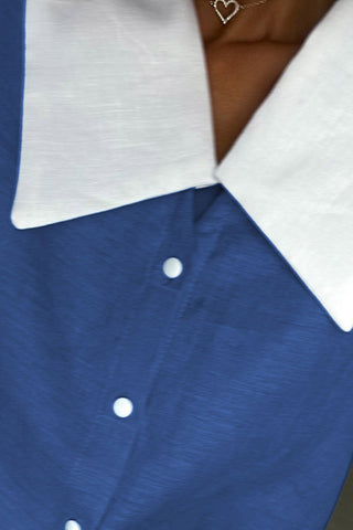 Sonicelife-Lapel Contrast Long Sleeve Shirt Shorts Set