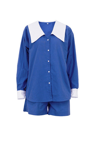 Sonicelife-Lapel Contrast Long Sleeve Shirt Shorts Set