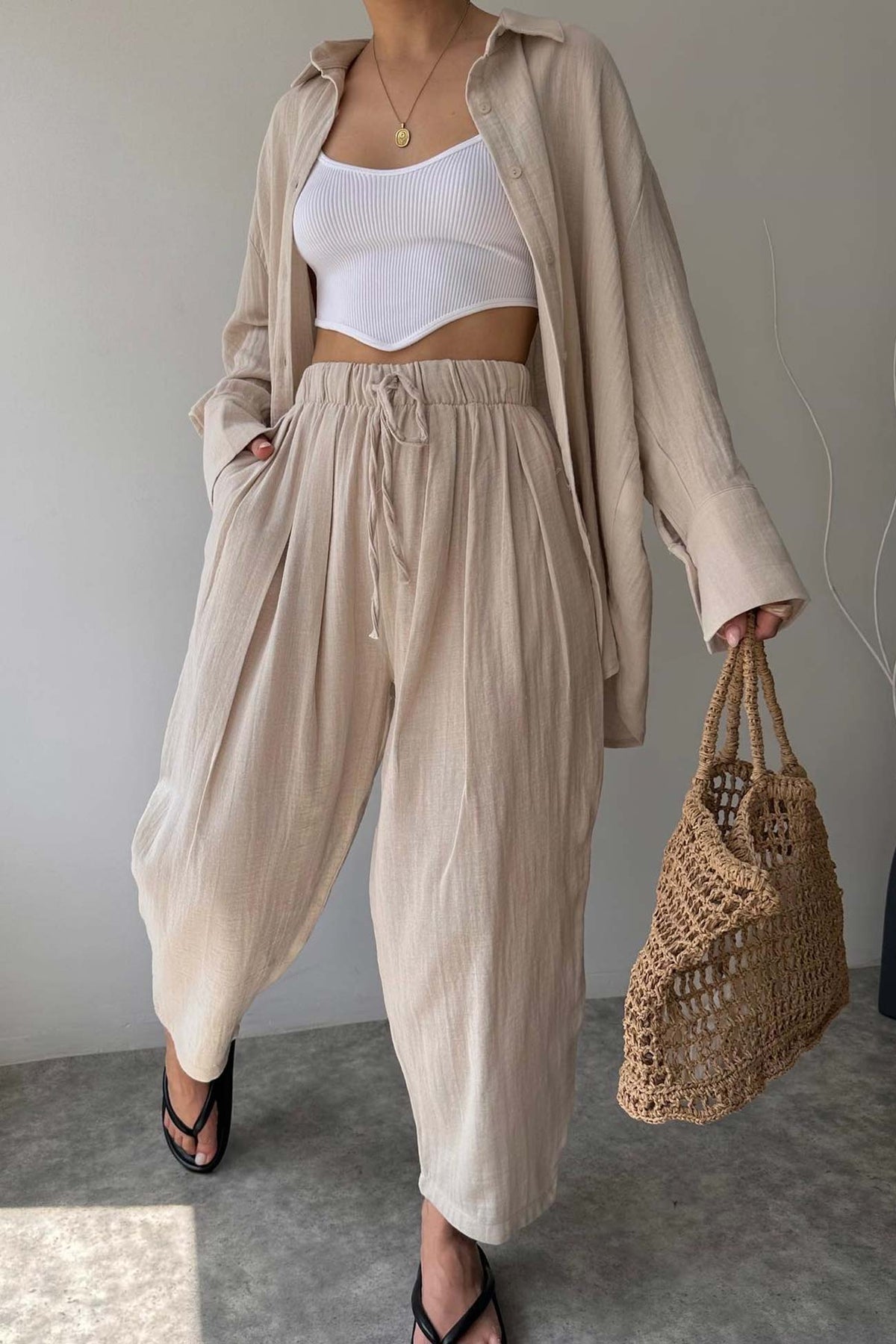 Sonicelife-Lapel Long Sleeve Shirt Strappy Long Pants Suits