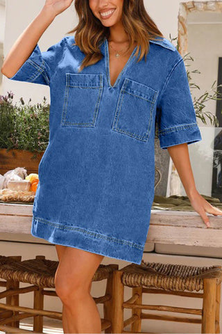 Sonicelife hoco dresses Lapel V Neck Pocketed Denim Dress