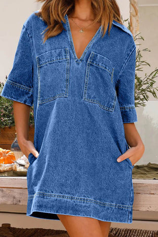 Sonicelife hoco dresses Lapel V Neck Pocketed Denim Dress