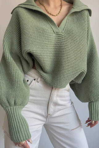 Sonicelife Lapel V Neck Puff Sleeve Sweater