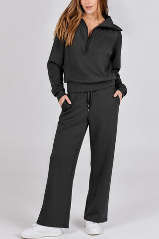 Sonicelife Lapel Zip-up Sweatshirt Wide Leg Long Pants Set