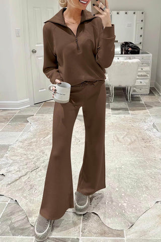 Sonicelife Lapel Zip-up Sweatshirt Wide Leg Long Pants Set