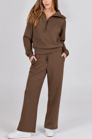 Sonicelife Lapel Zip-up Sweatshirt Wide Leg Long Pants Set