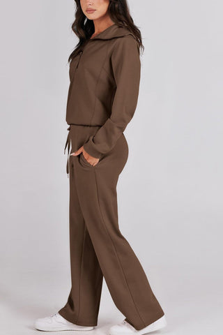 Sonicelife Lapel Zip-up Sweatshirt Wide Leg Long Pants Set