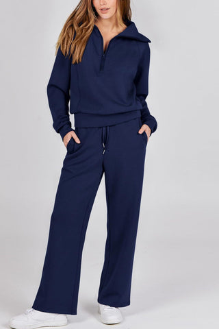 Sonicelife Lapel Zip-up Sweatshirt Wide Leg Long Pants Set